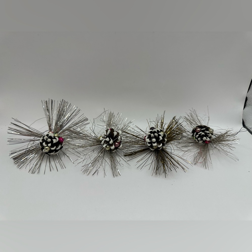 Group of four vintage Japanese pinecone and mercury glass gift ties